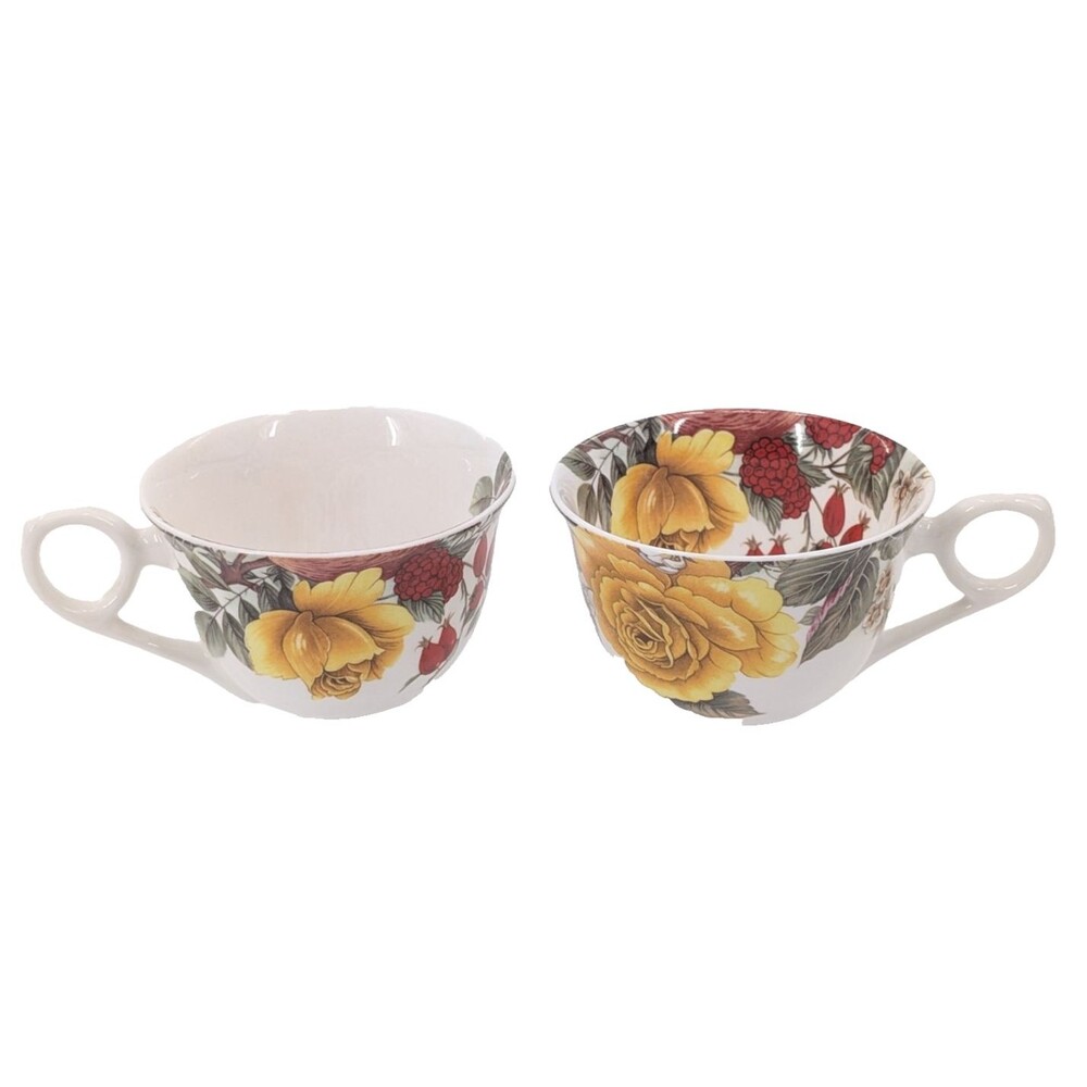 Stechcol Gracie Bone China Vintage White Floral Berries Roses Teacups Set of 2
